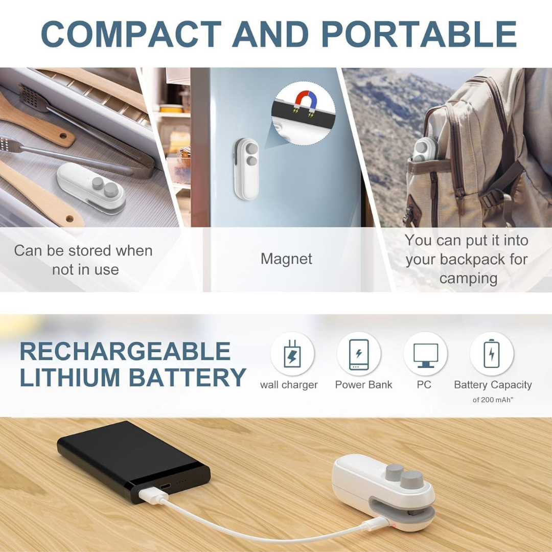 2-in-1 Mini Seal Machine - USB Rechargeable Portable Food Bag Sealer & Cutter (Airtight Fresh Storage Tool)
